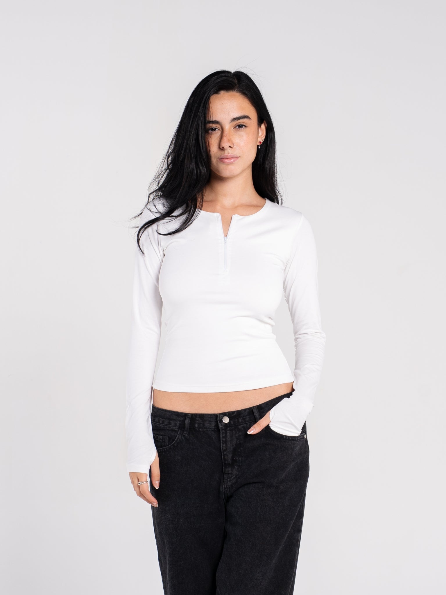 COTTON U NECK ZIPPER LONG SLEEVE