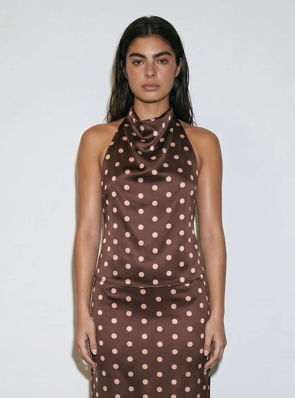 REFINED POLKA DOT SATIN HALTER TOP