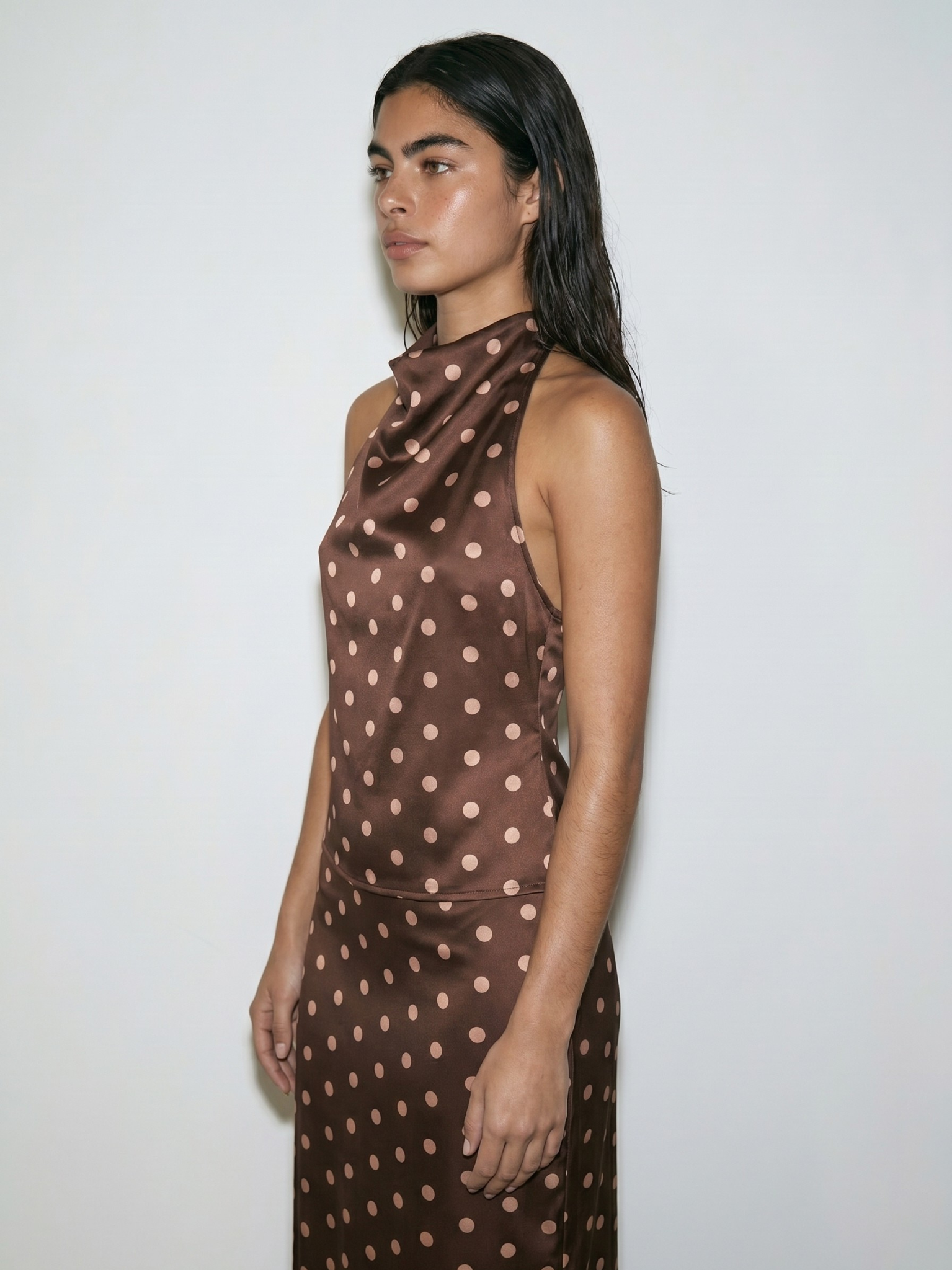 REFINED POLKA DOT SATIN HALTER TOP