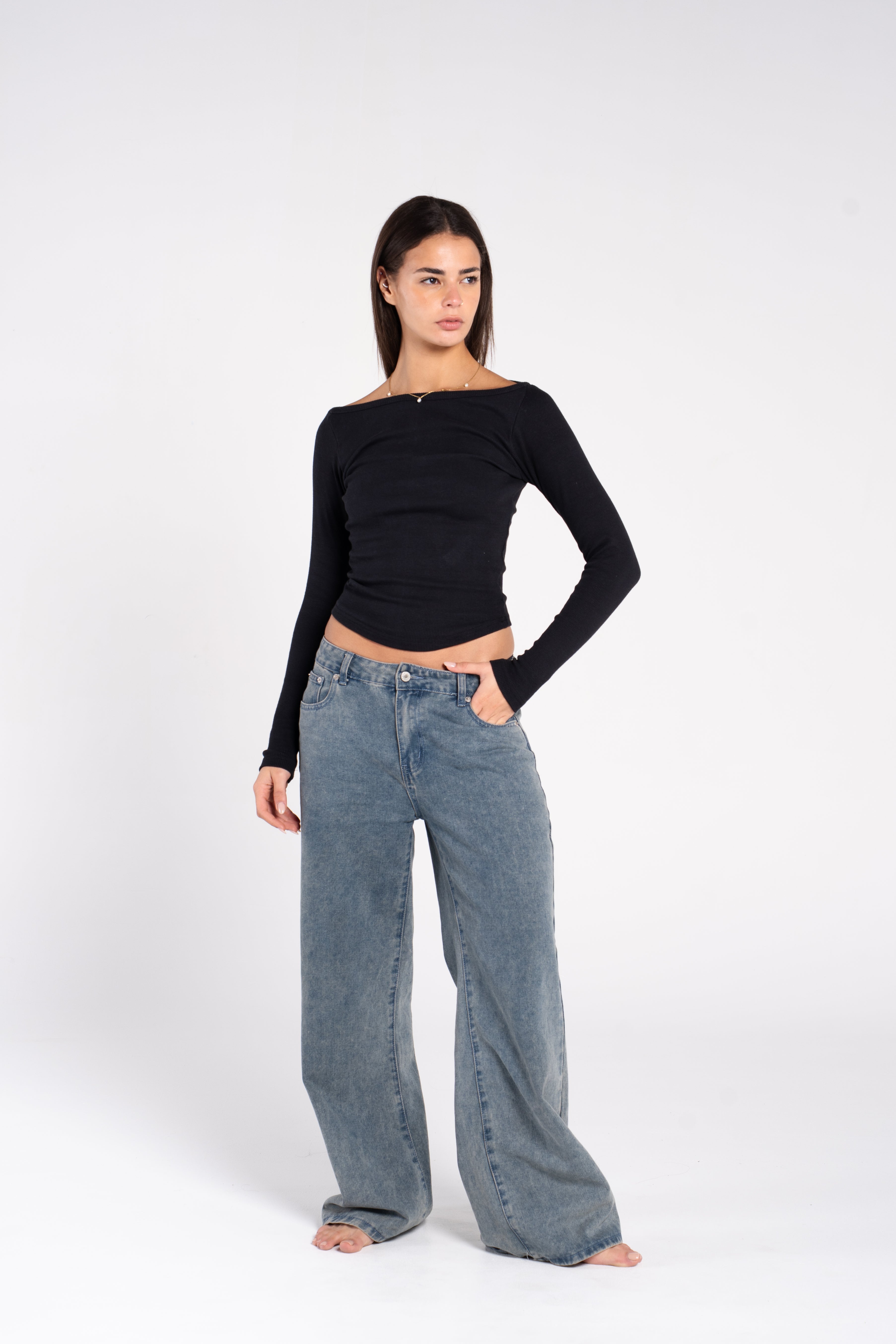 RIBBED WIDE SHOULDER LONG SLEEVE