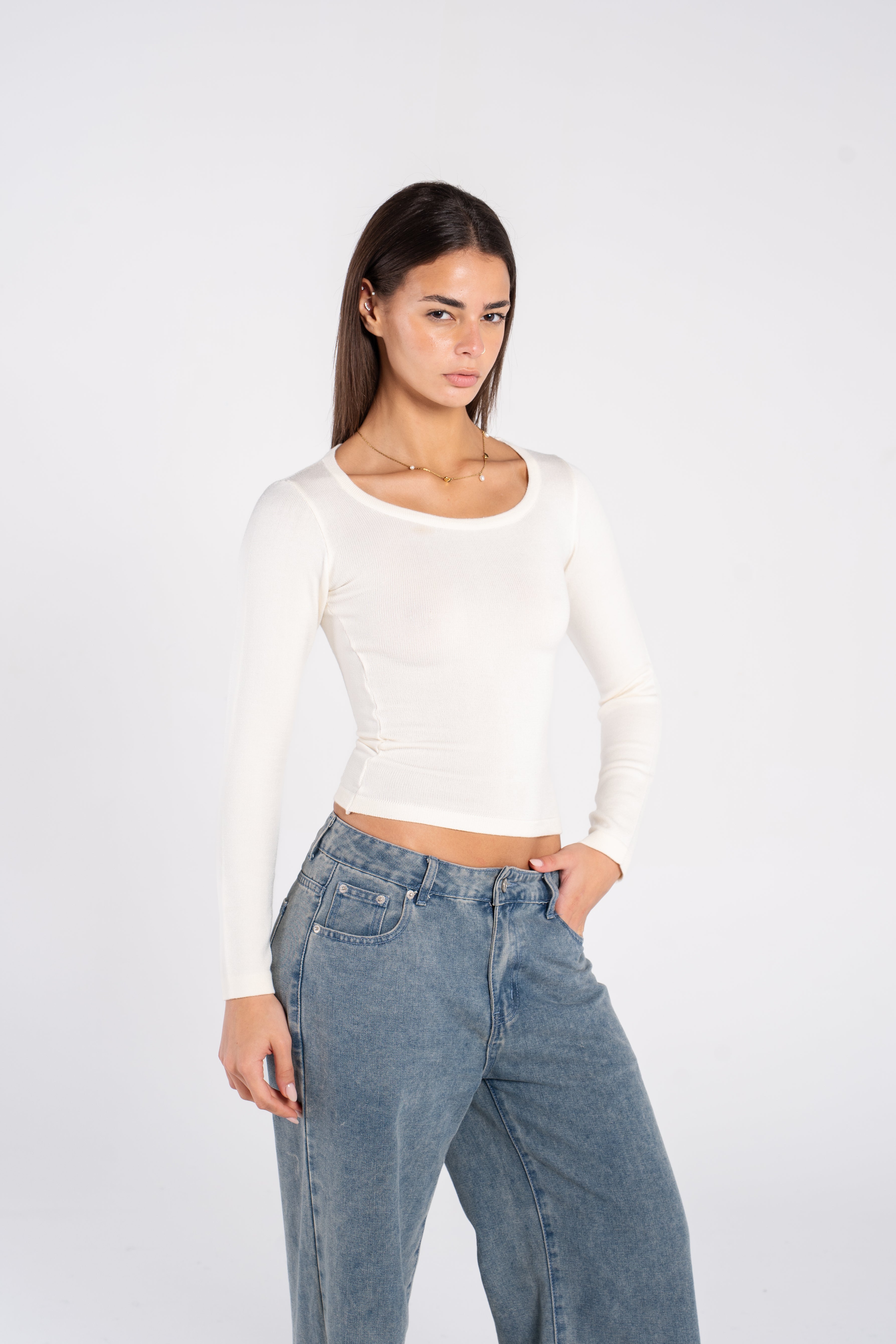 RIBBED WIDE NECK LONG SLEEVE