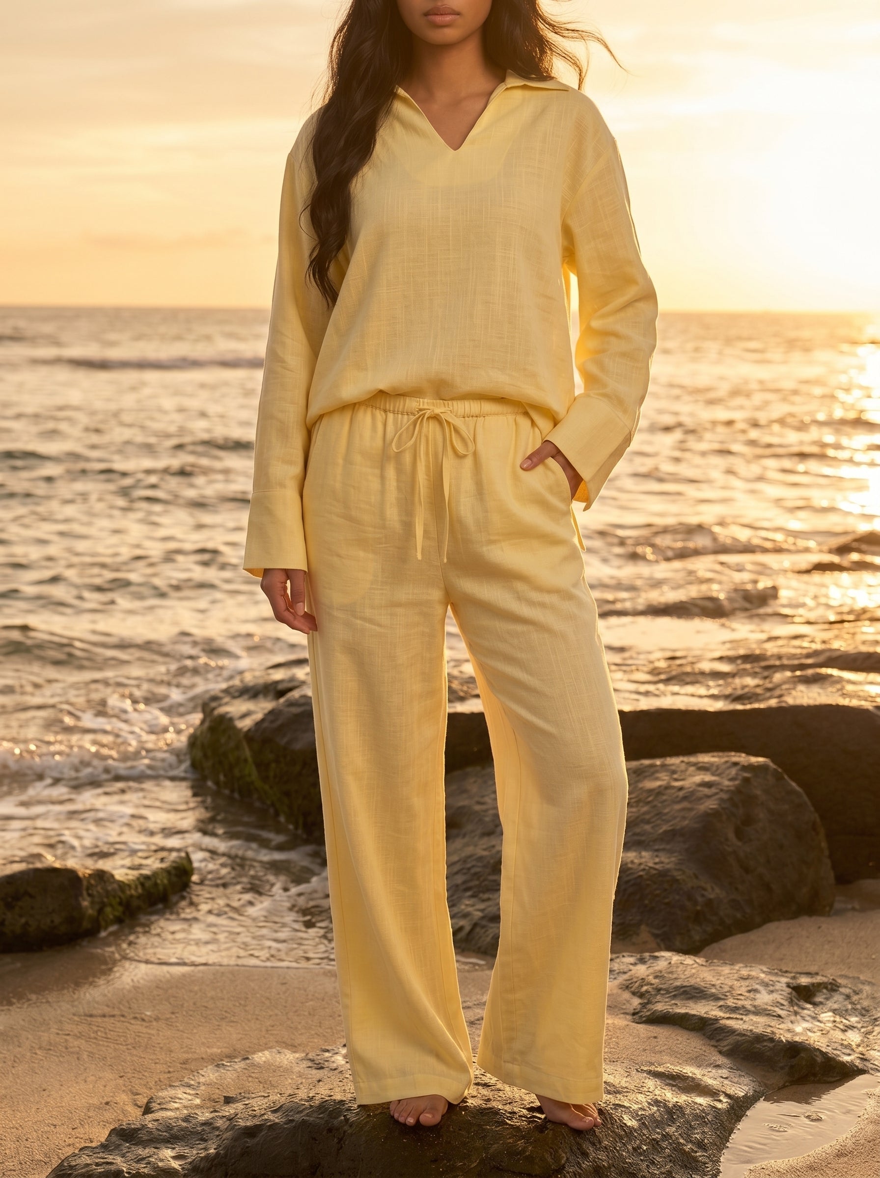 REFINED LINEN WIDE-LEG PANTS