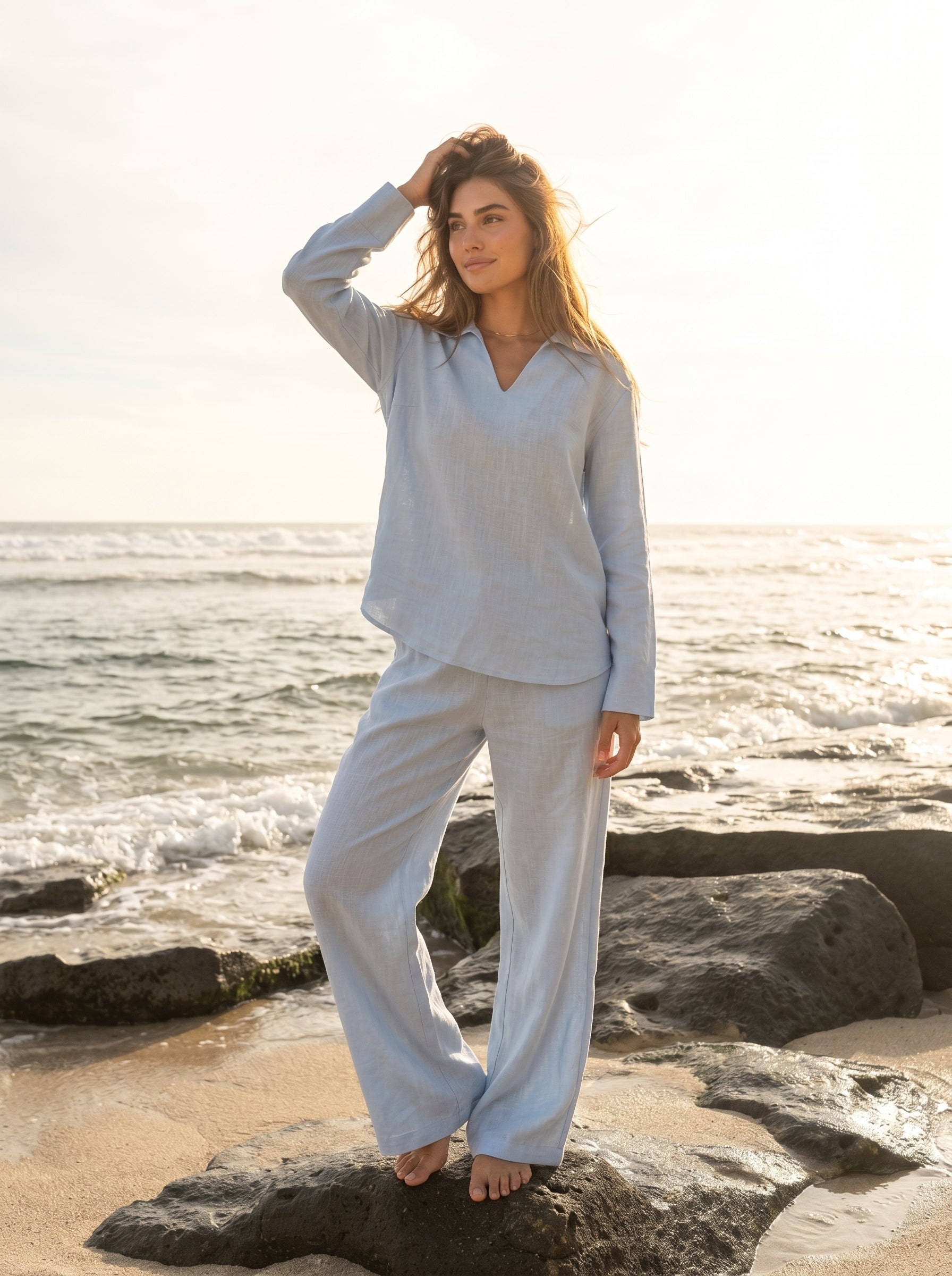REFINED LINEN POLO BLOUSE