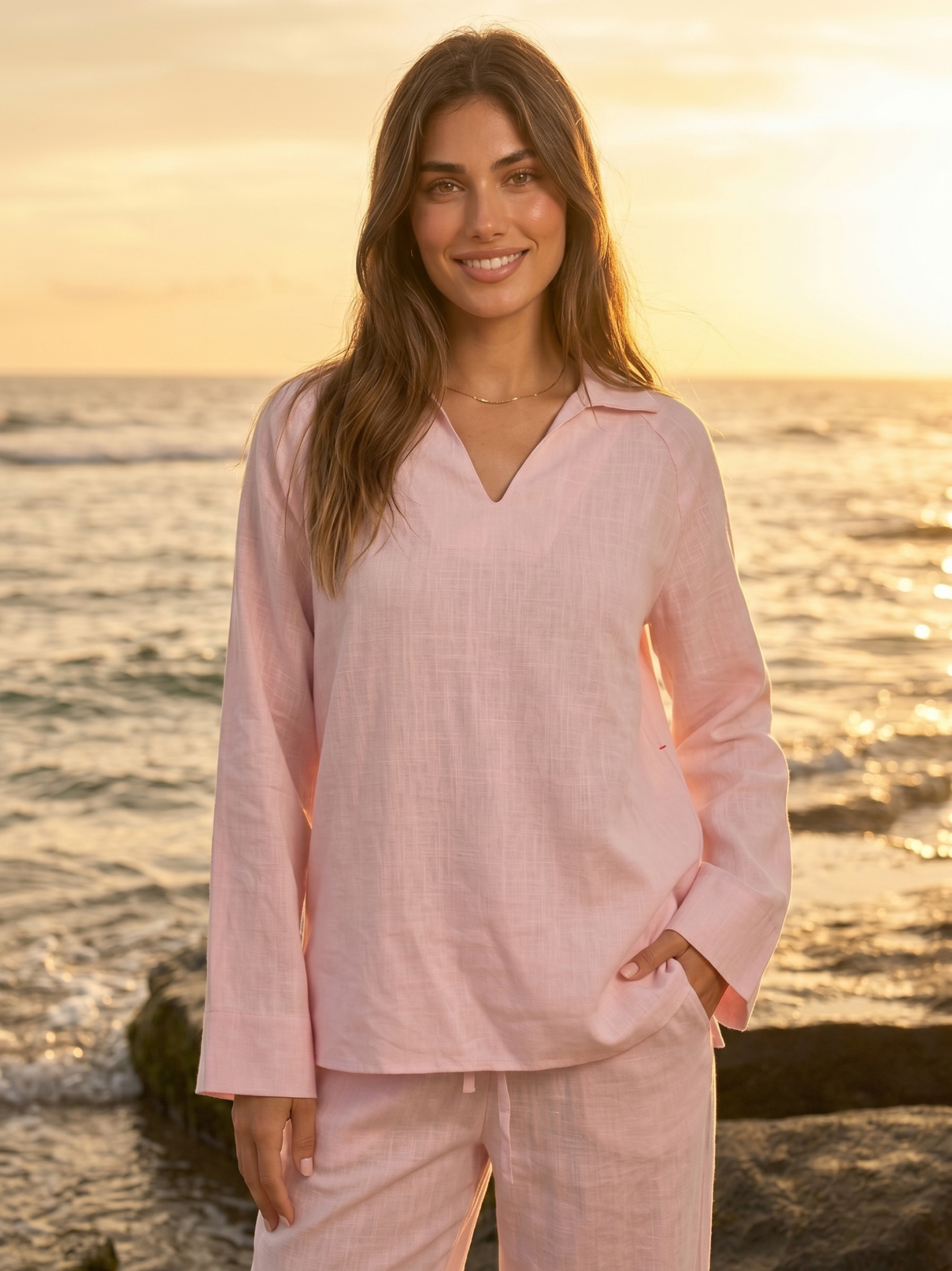 REFINED LINEN POLO BLOUSE