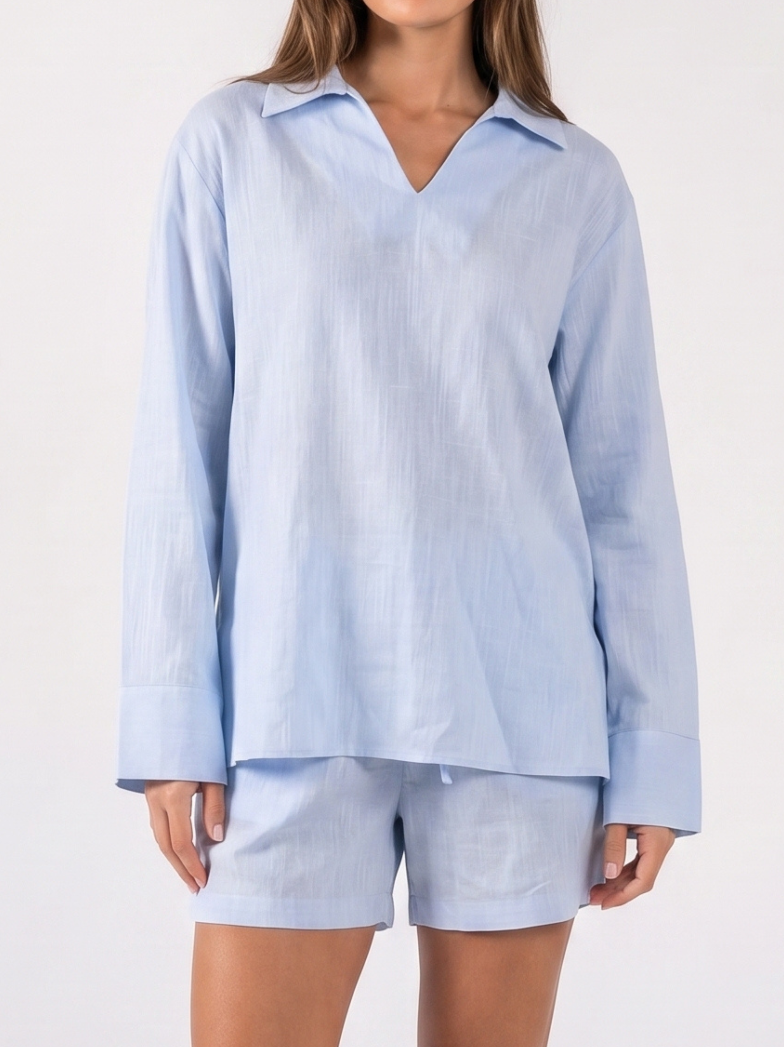 REFINED LINEN POLO BLOUSE