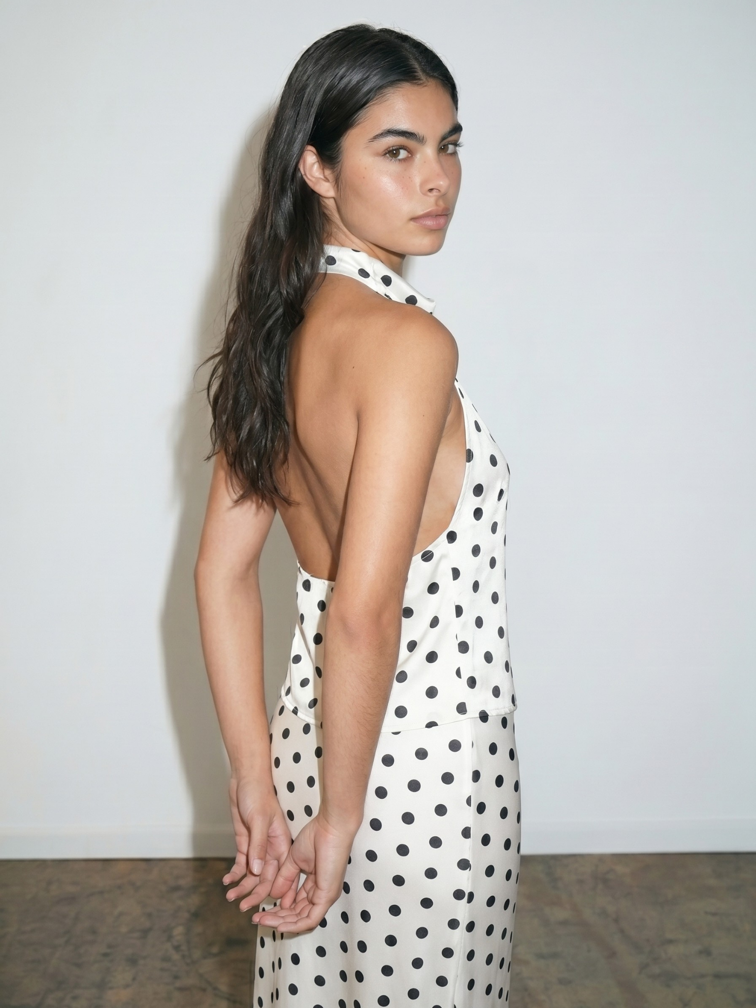 REFINED POLKA DOT SATIN HALTER TOP