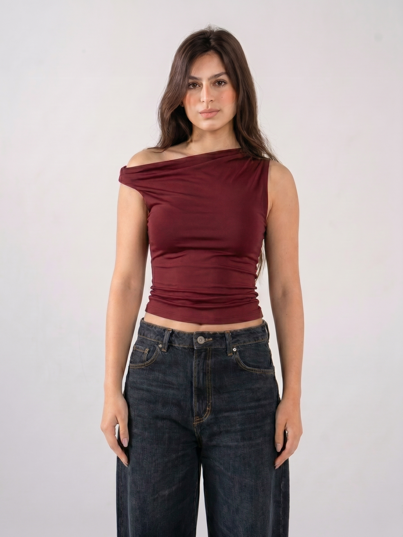 REFINED ONE SHOULDER RUCHED ASYMMETRICAL TOP