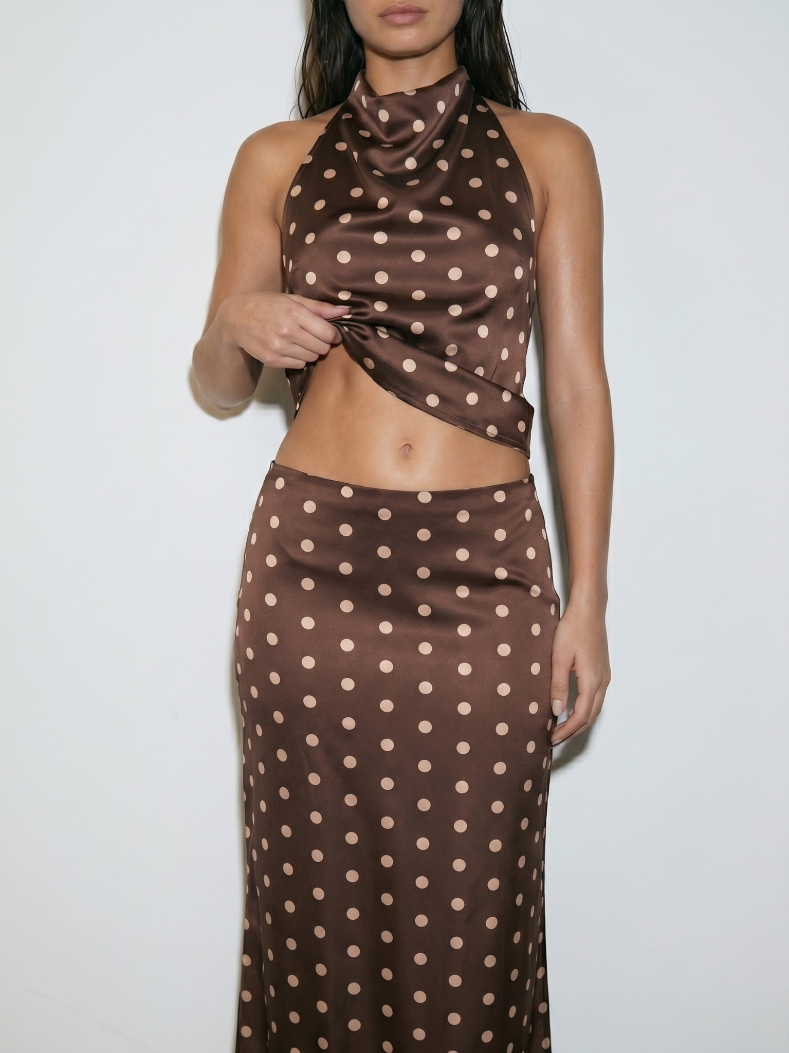 REFINED POLKA DOT SATIN MIDI SKIRT