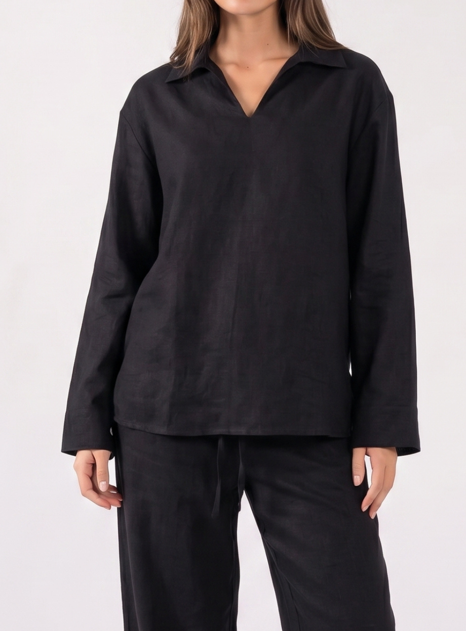 REFINED LINEN POLO BLOUSE