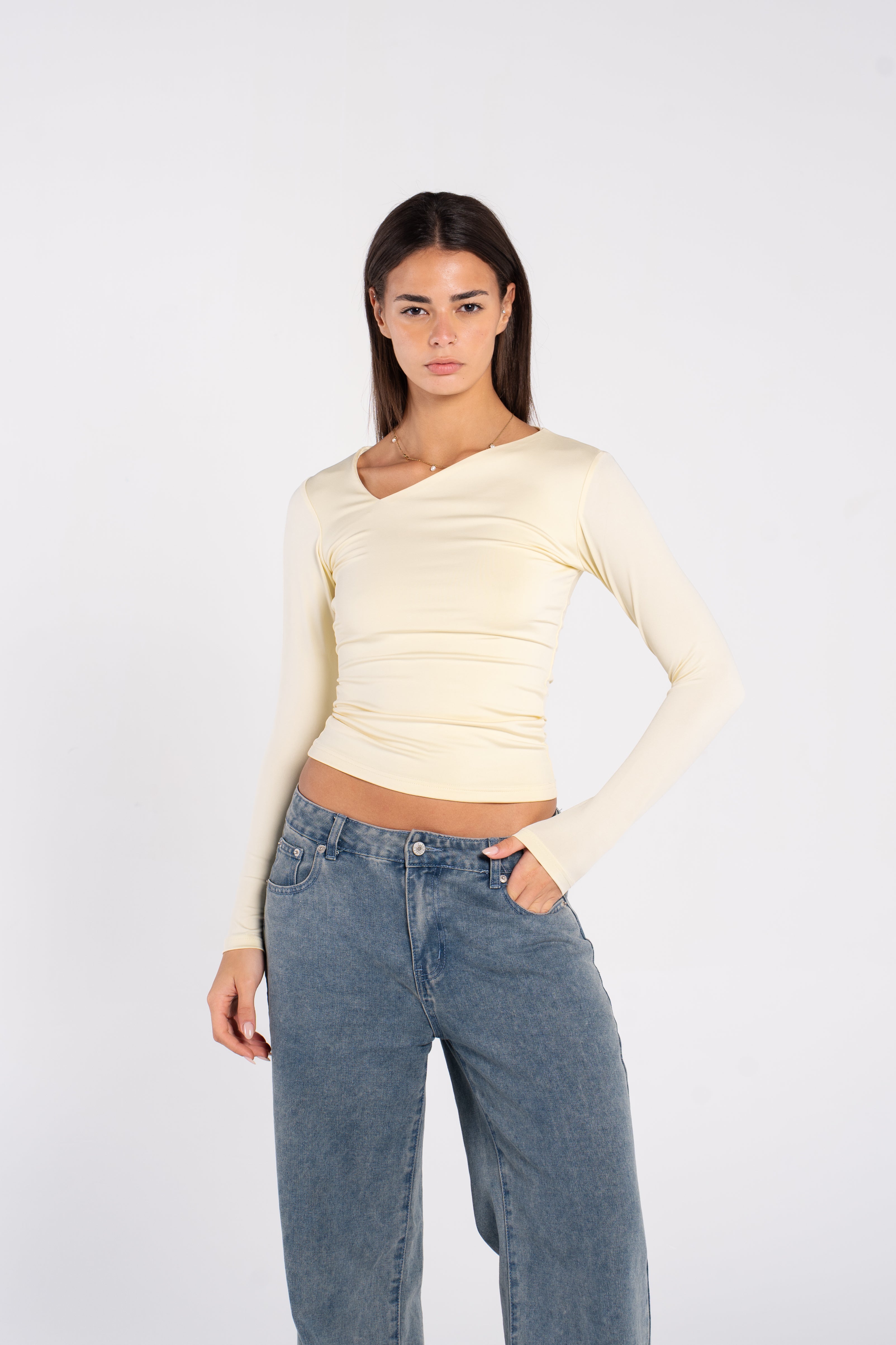 ASYMMETRICAL V NECK LONG SLEEVE