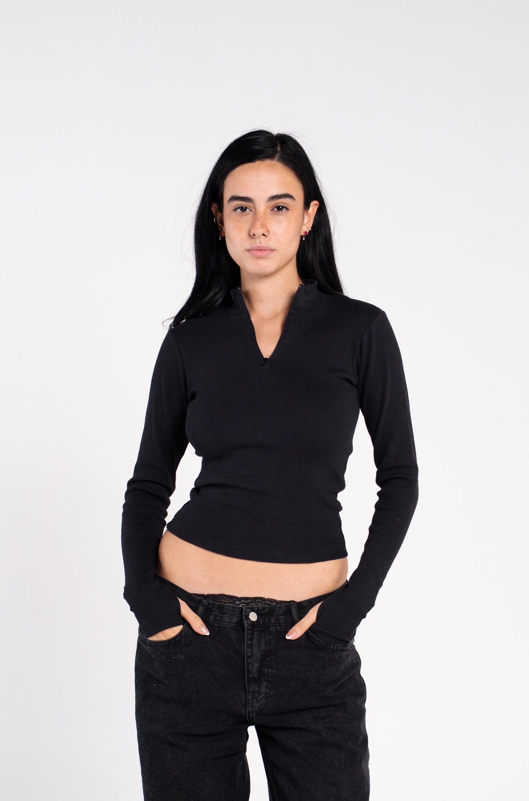 RIBBED HIGH NECK ZIPPER LONG SLEEVE