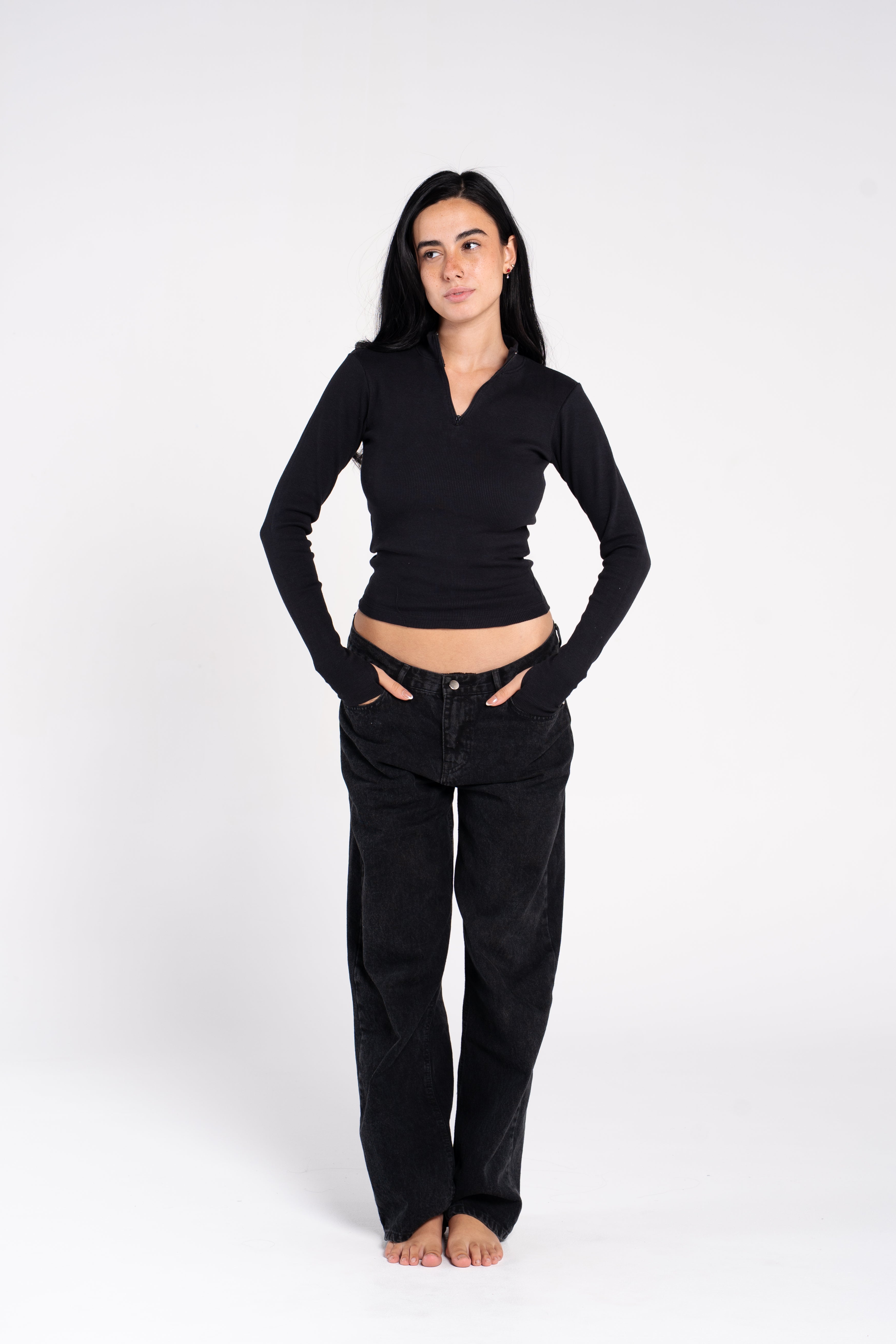 RIBBED HIGH NECK ZIPPER LONG SLEEVE