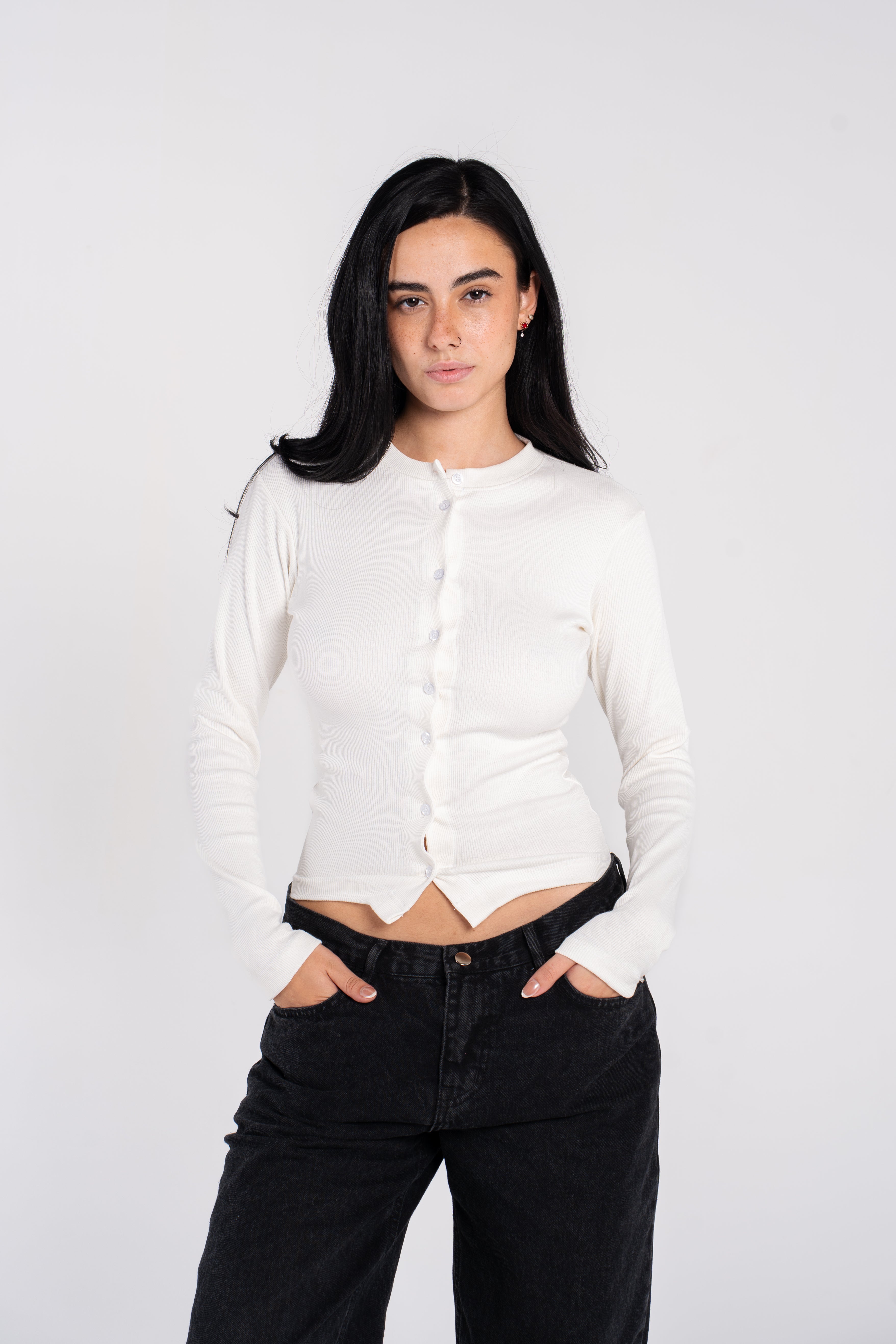 RIBBED FULL BUTTONS LONG SLEEVE TOP