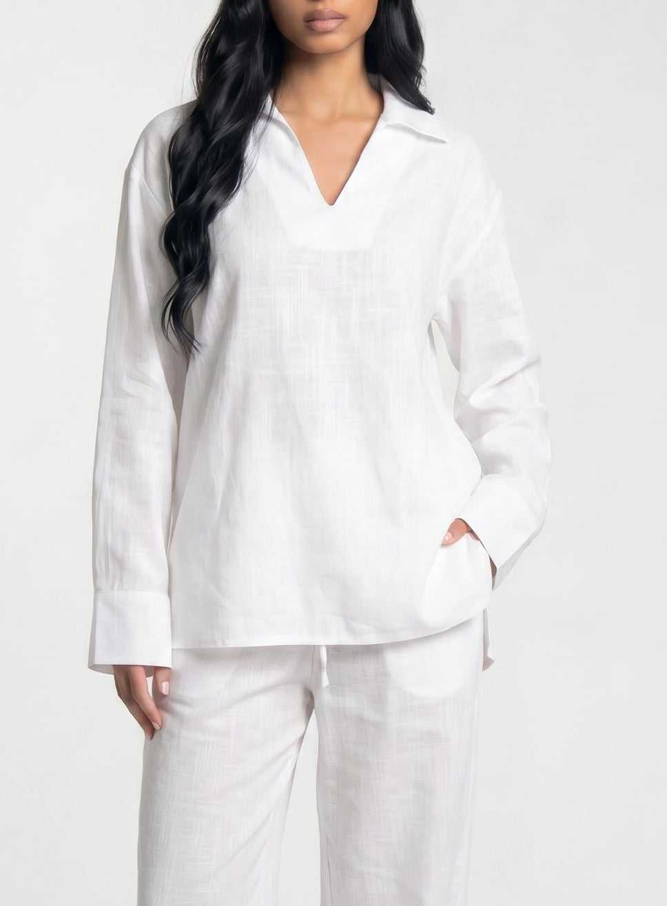 REFINED LINEN POLO BLOUSE