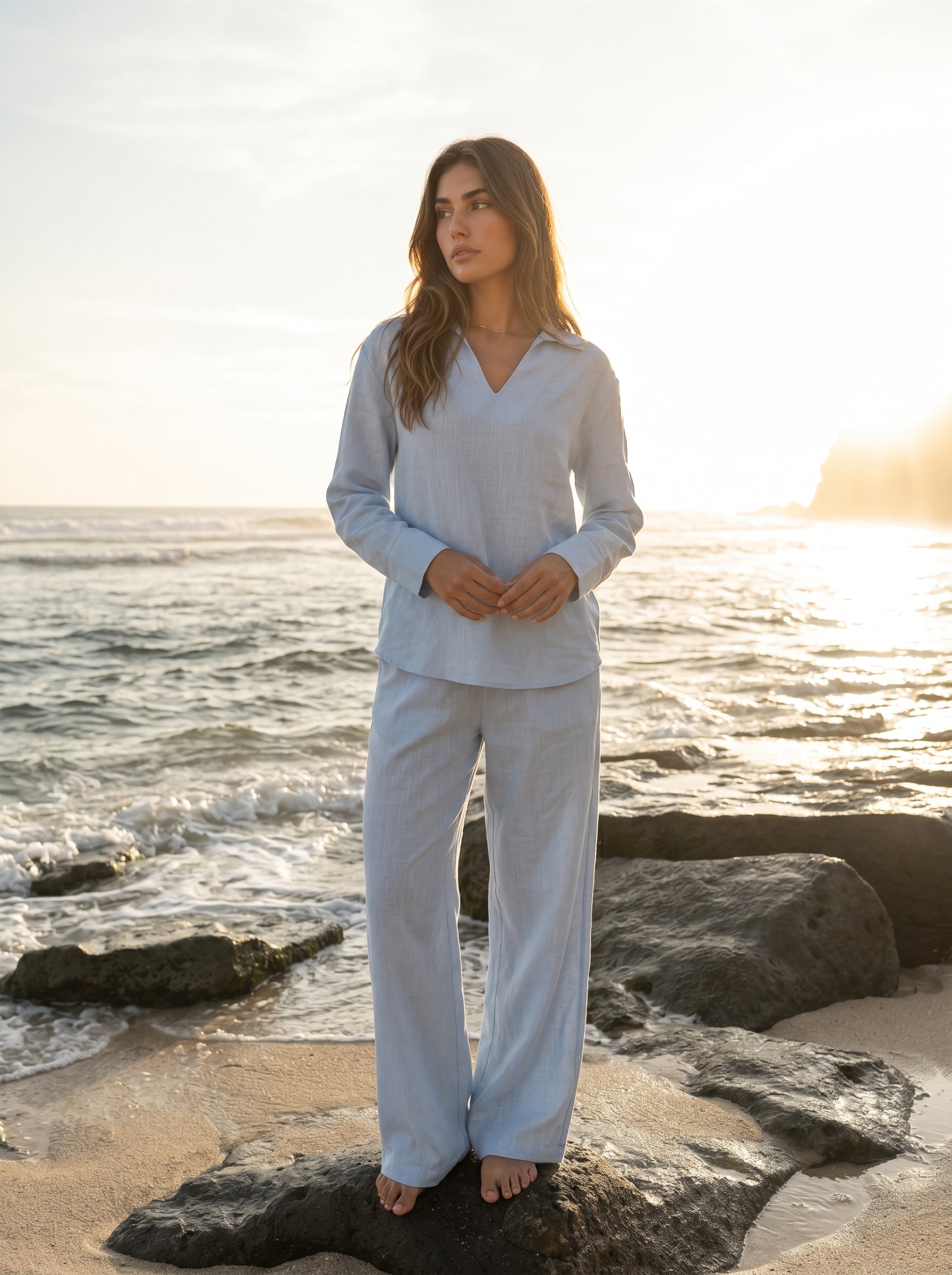 REFINED LINEN POLO BLOUSE