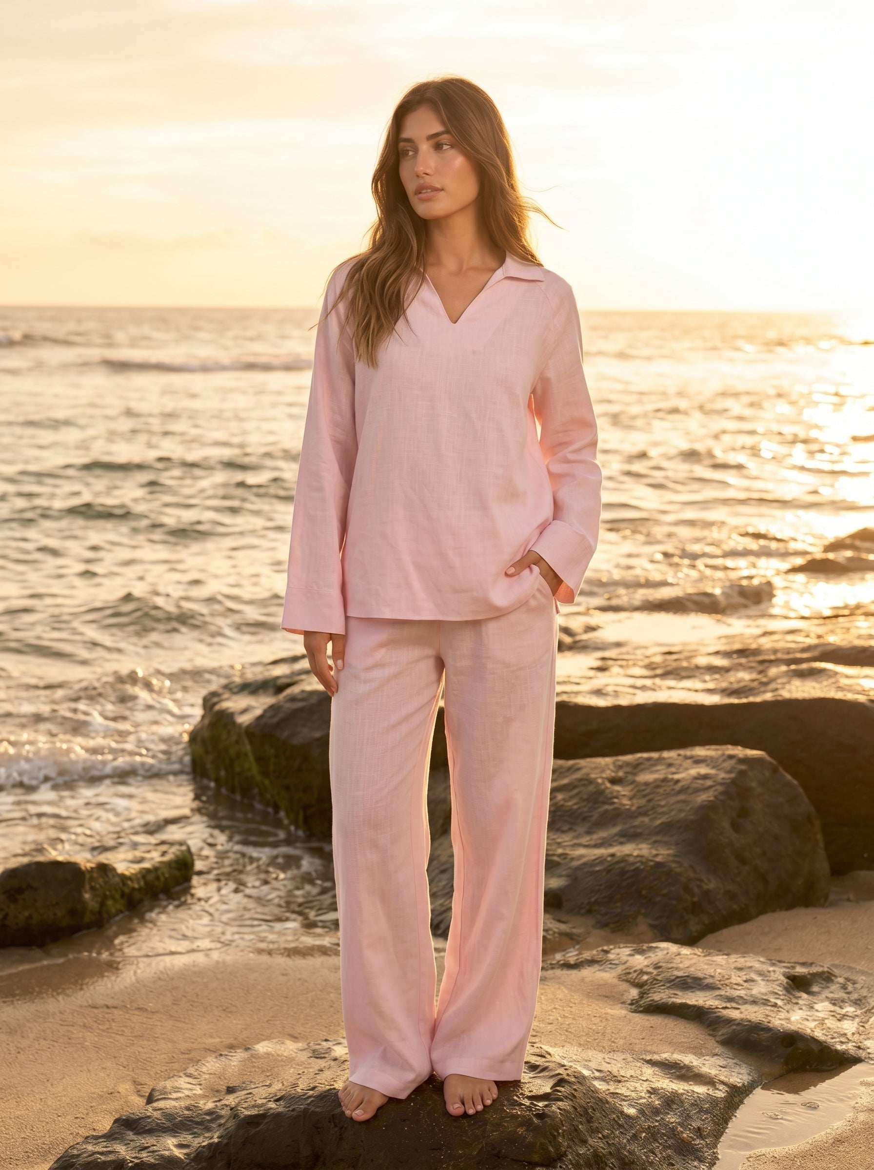 REFINED LINEN POLO BLOUSE